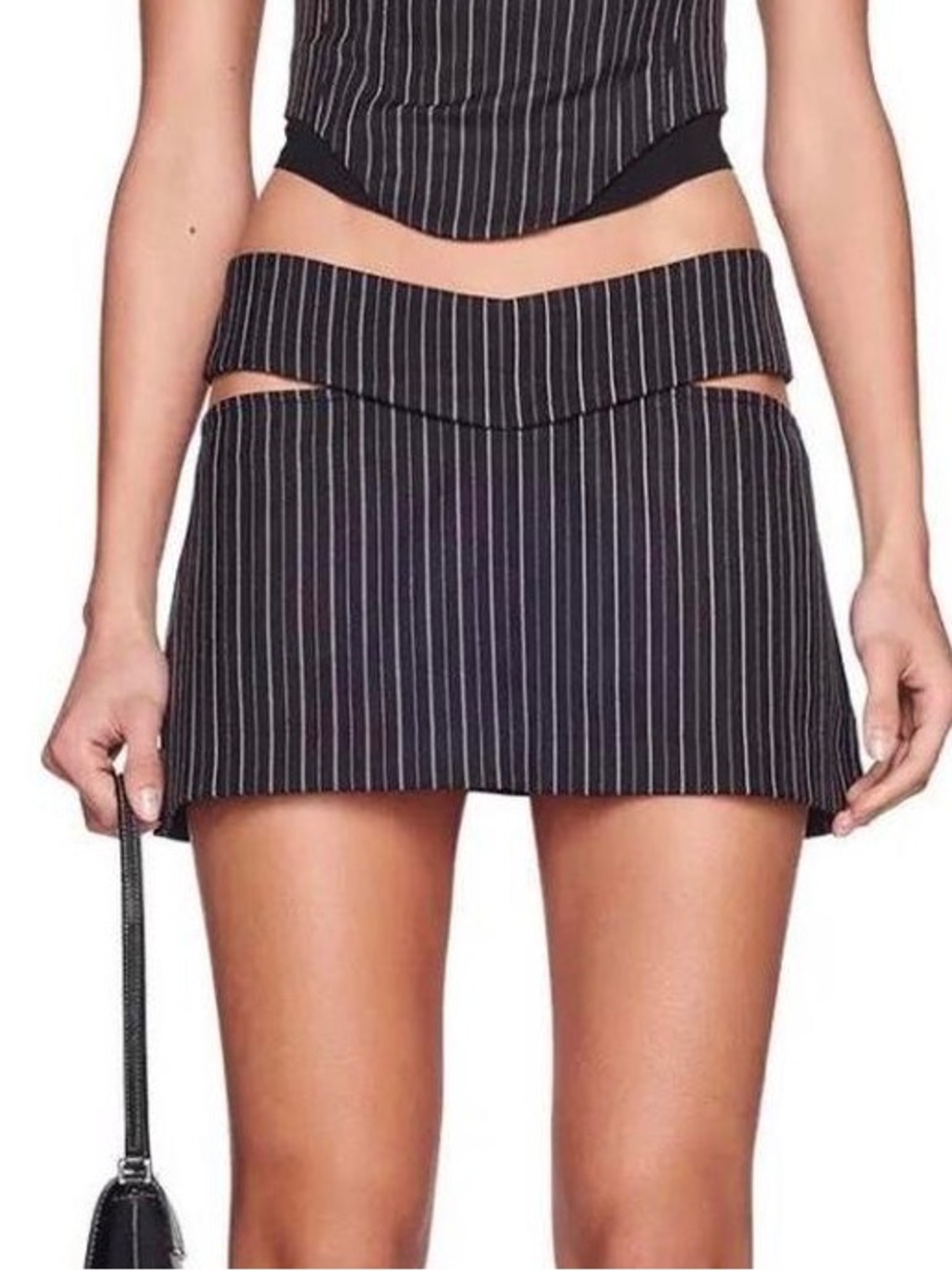 Pinstripe Mini Skirt Set - Black with White Pinstripes